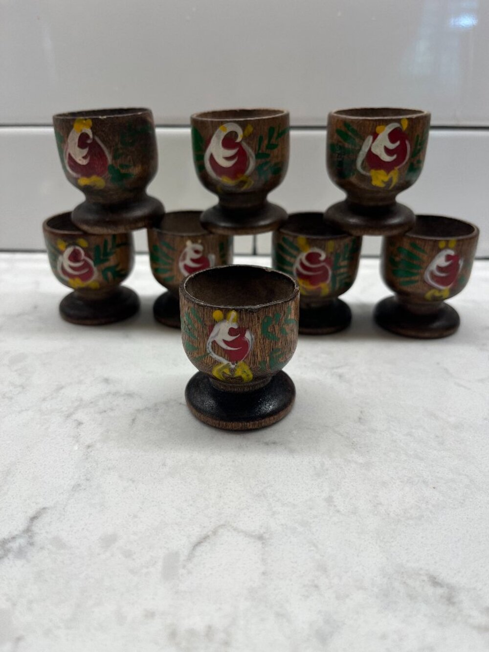 (8) Vintage German Hand Painted Wooden Egg Holders, Cups